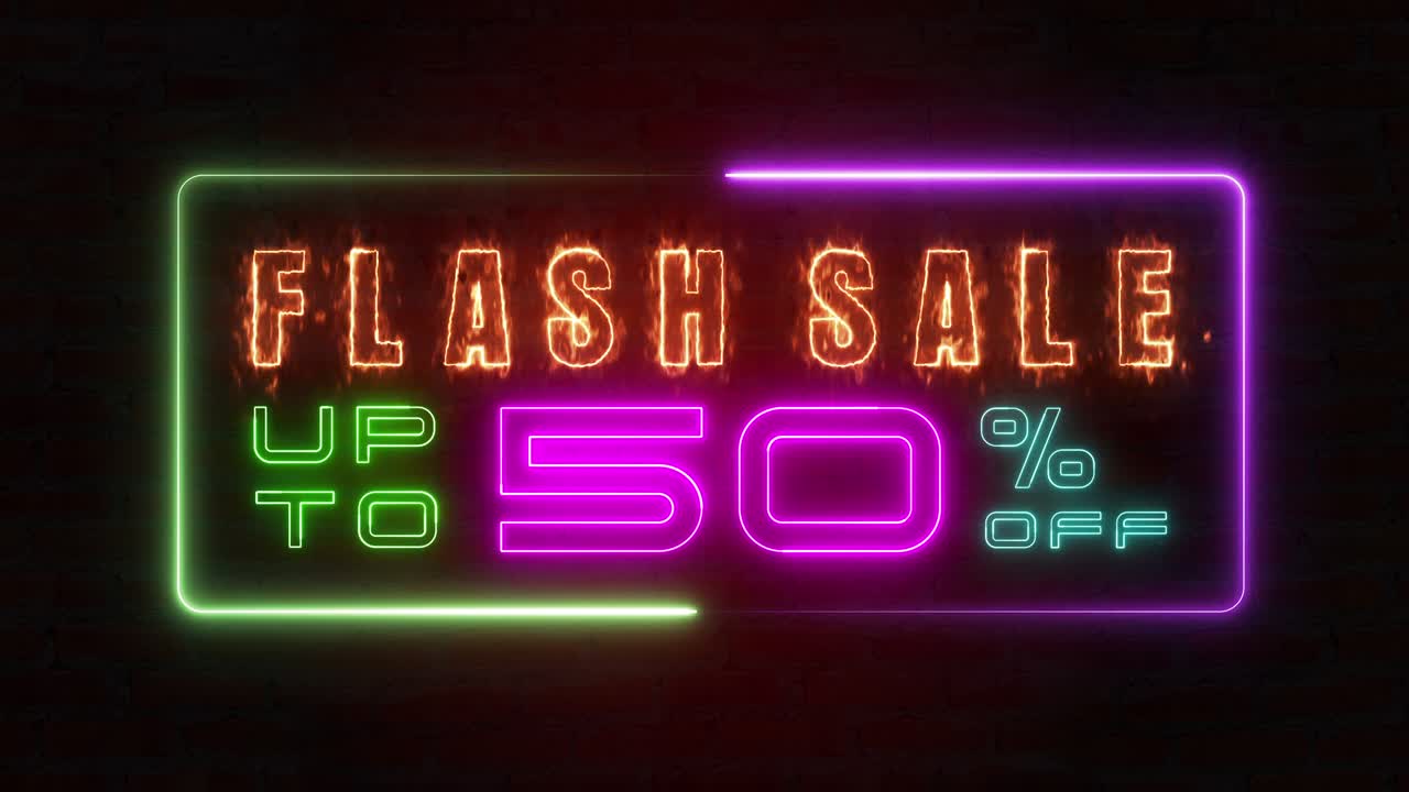 venta flash con trueno azul colorido de línea de neón blaze brillante parpadeante marco de bucle de animación al azar en un fondo negro.