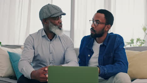 Senior-father,-man-and-talking-with-laptop-at-home