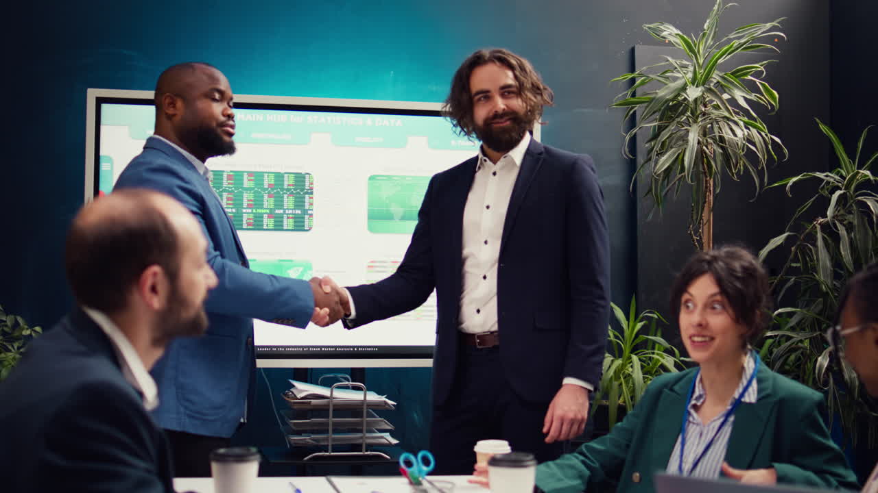 Business partners celebrate the beginning of new project between their companies