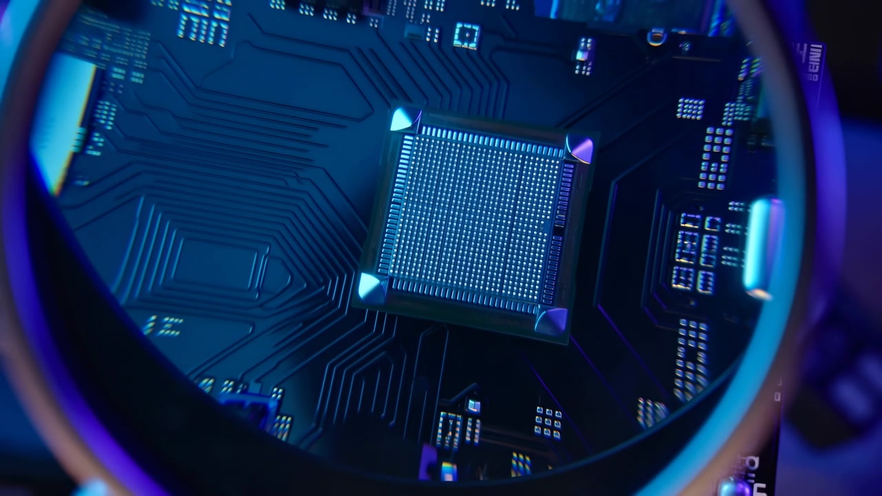 Close view of semiconductor chip and circuit pathways under blue lighting, showing detailed electronic structures, compact hardware textures, and modern computer technology elements.