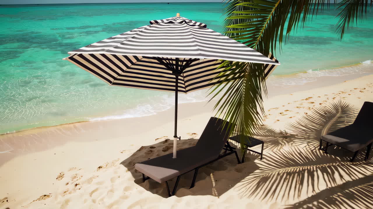 Tropical Beach Scene with Striped Umbrella and Lounge Chair