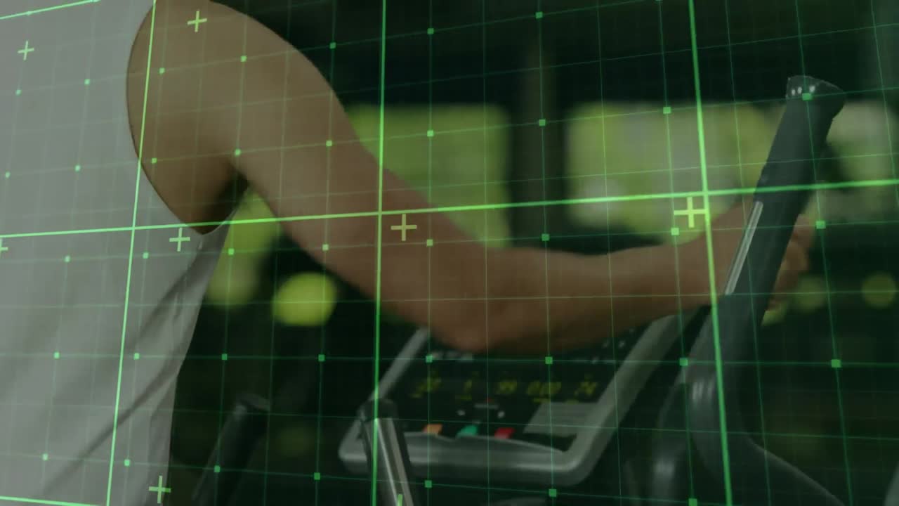 체육관에서 운동하는 사람 위의 사각형과 함께 디지털 인터페이스의 애니메이션