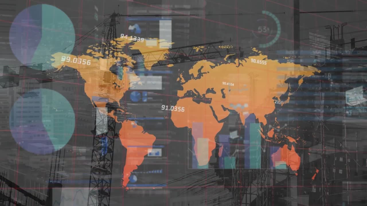 도시에서 현대적인 건물에 대한 지도, 숫자 및 코드와 함께 인포그래픽 인터페이스의 애니메이션.