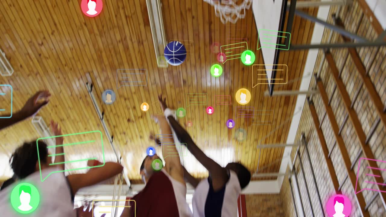 Athlete dribbling and showing sports overlay icons while leaping over defender for scoring