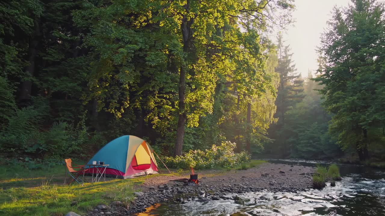 A serene camping scene by a river at sunrise, captured in a wide-angle video shot