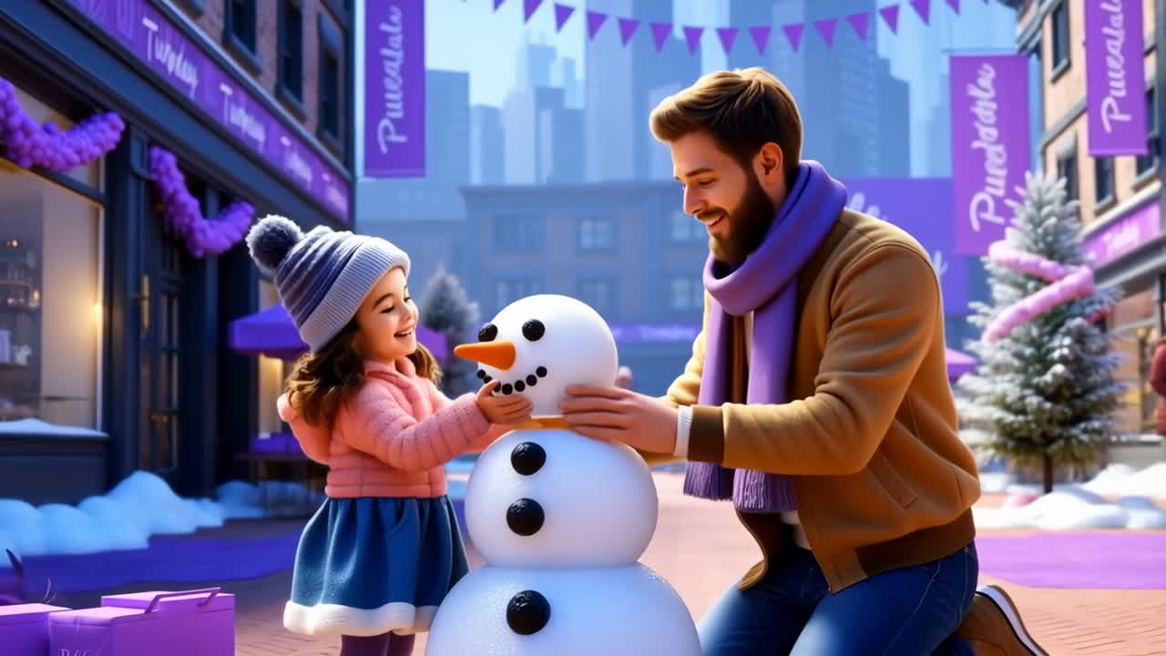 Father and Daughter Building a Snowman on Purple Tuesday