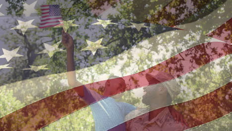 animation of male soldier embracing smiling son over american flag