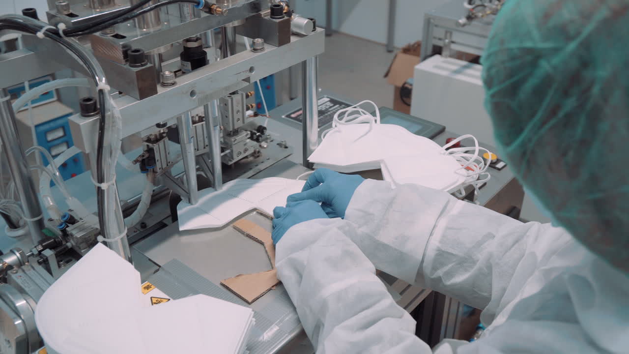 pegando los elásticos a las máscaras faciales, los trabajadores realizan la operación con una máquina automática