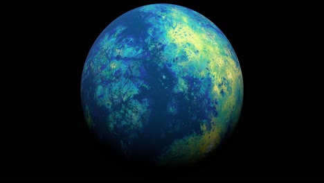 blue and green, earth-like planet rotating completely against pure black background