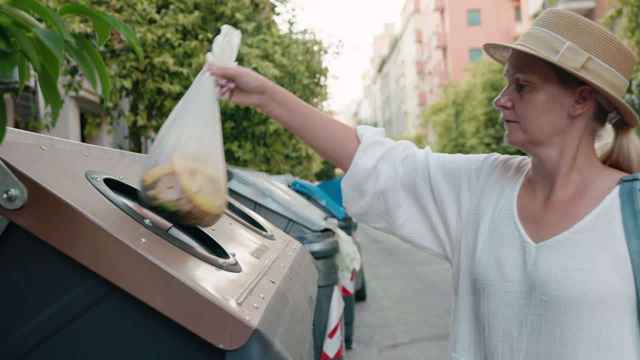 Woman recycling in the city
