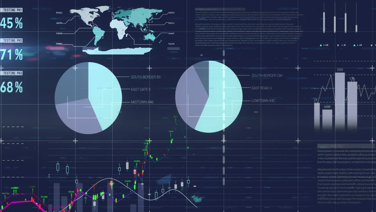 Animation of multicolored infographic interface over multiple graphs with changing numbers