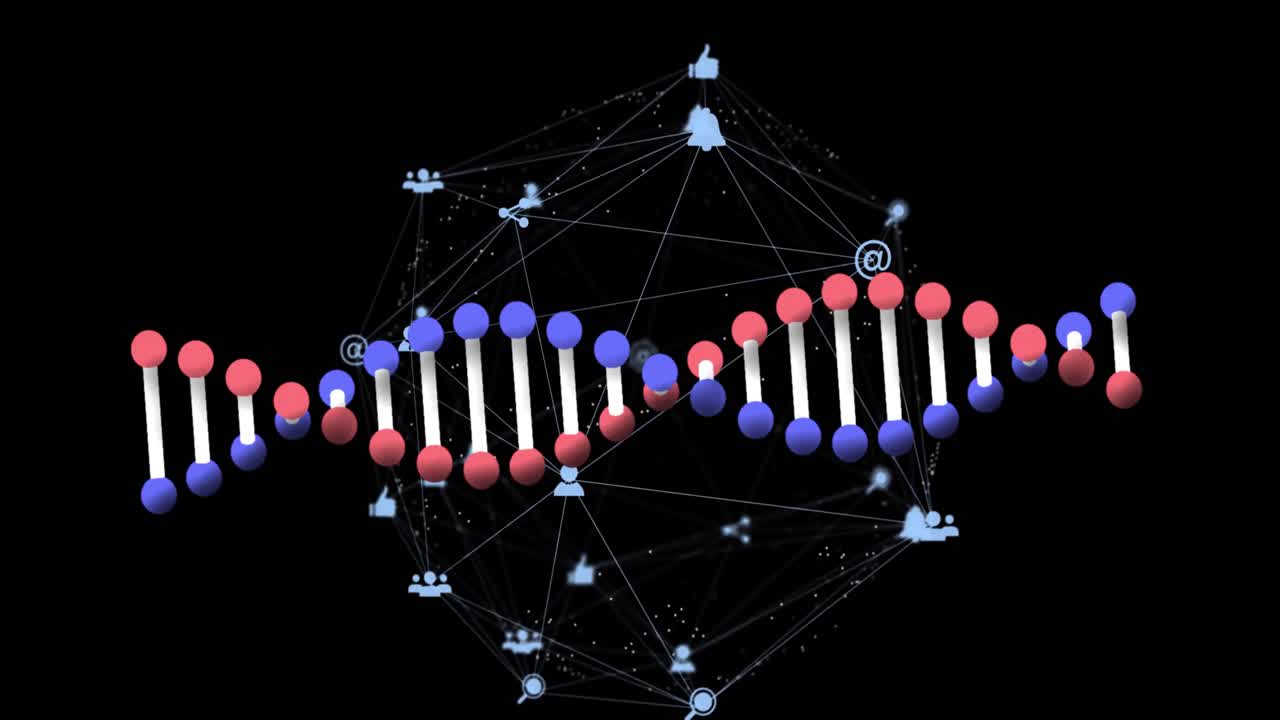 Animation of dna strand and icons on black background
