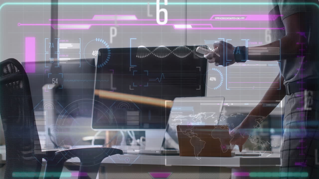 Animation of financial data processing over caucasian businessman using smartphone