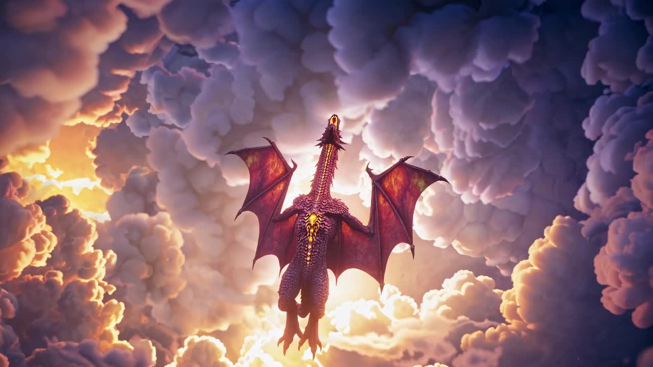 Aerial view of a dragon soaring through a stormy sky with vivid lightning