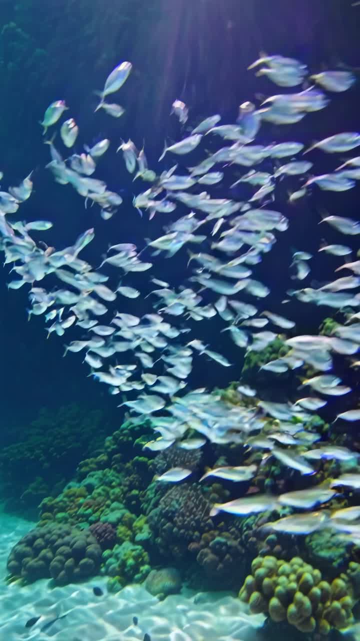 Underwater video scene of a fish school swimming over a coral reef