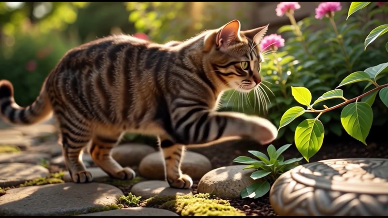 Gatto soriano che cammina ed esplora in un giardino soleggiato.