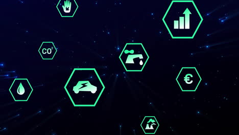 hexagonal icons representing various technologies and metrics, futuristic animation