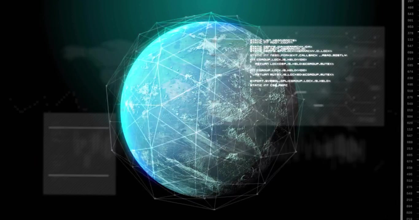 Holographic earth globe rotating in 3D interface, showing wireframe network and data panels