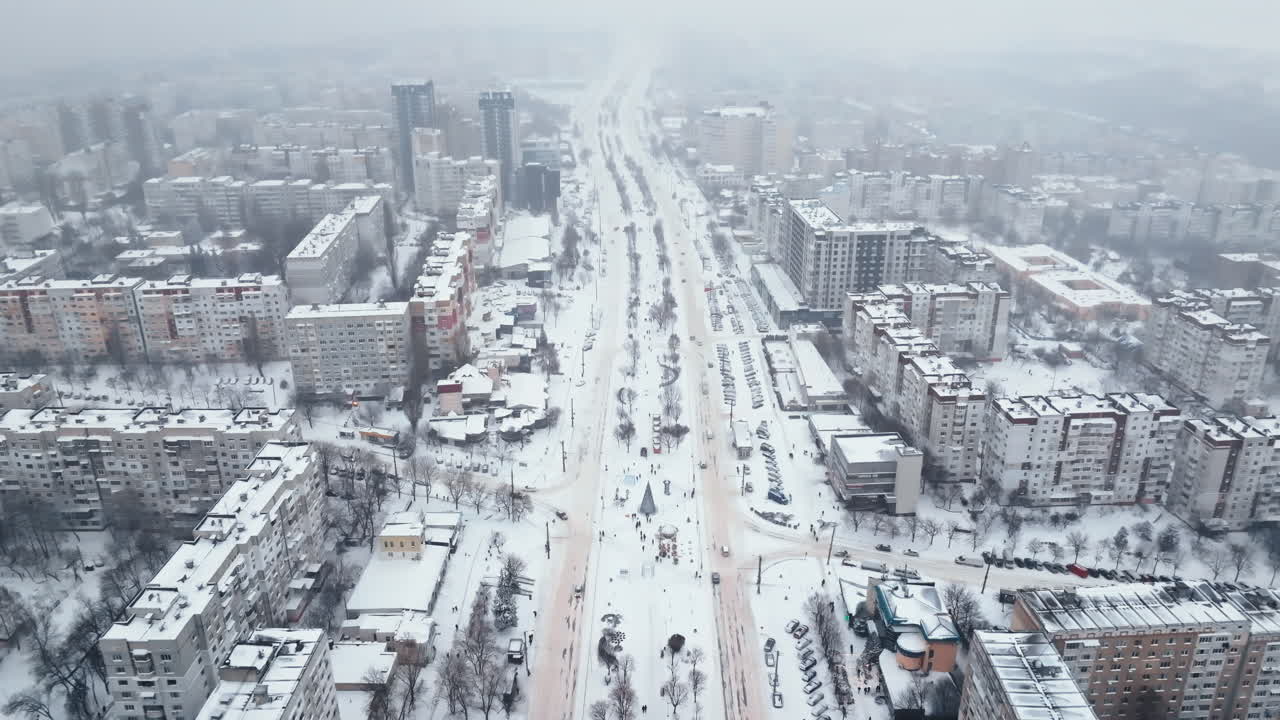 Aerial drone view of the city covered in snow. Winter in Chisinau, Moldova