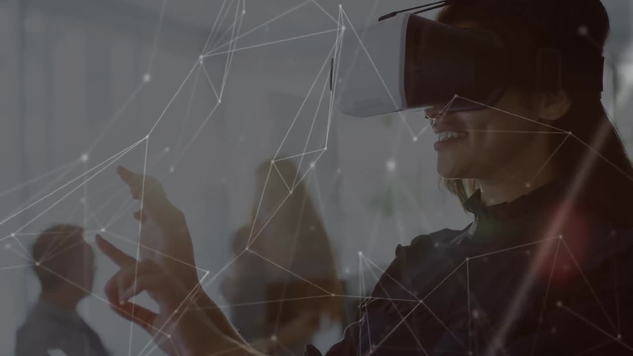 Animation of network of connections over caucasian businesswoman using vr headset