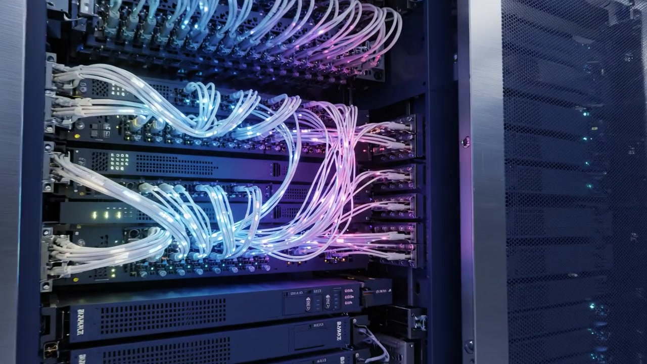 A Modern Data Center Featuring Rows of Server Racks with Advanced Cooling Systems and Efficient Cable Management for Optimal Performance in Data Storage