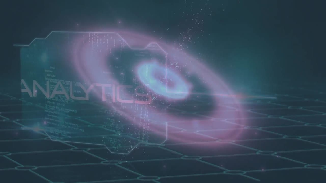 Animation of circles and data processing over shapes on grey background