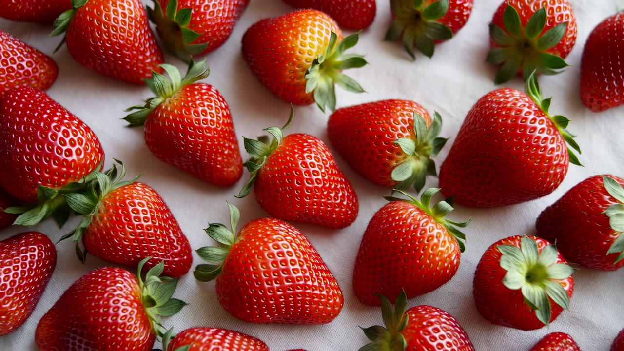 Primo piano alimentare cronologico che mostra fragole rosse mature che coprono progressivamente la superficie chiara, da una disposizione iniziale rada a una composizione finale densa.