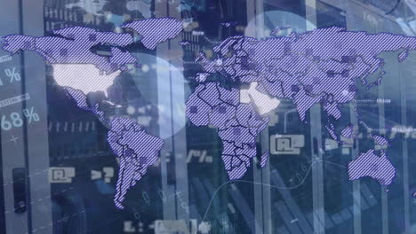 animación del procesamiento de datos financieros y el mapa del mundo a través de servidores informáticos
