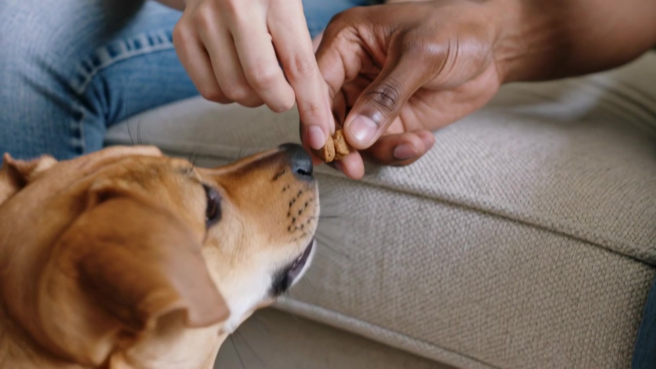 Breaking biscuit, adults in gray and white tops feeding dog on beige sofa, dog taking treat
