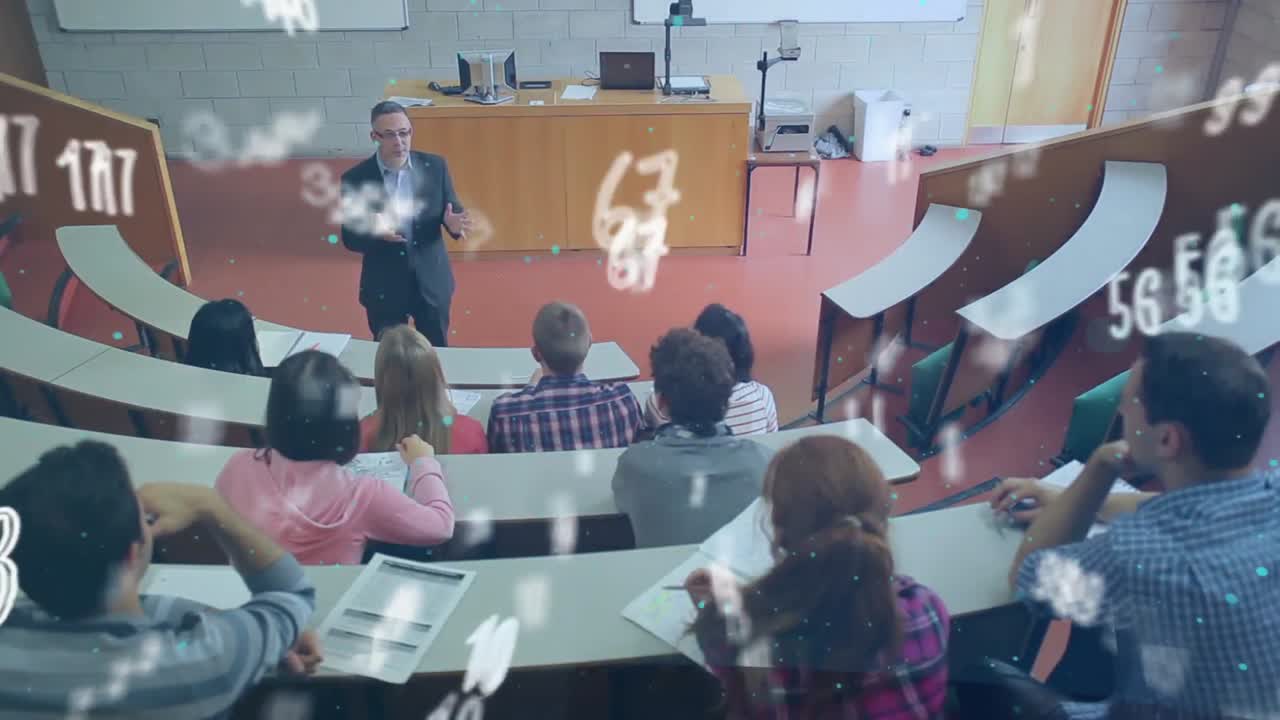 animación de números flotantes sobre un grupo de estudiantes universitarios que tienen clases