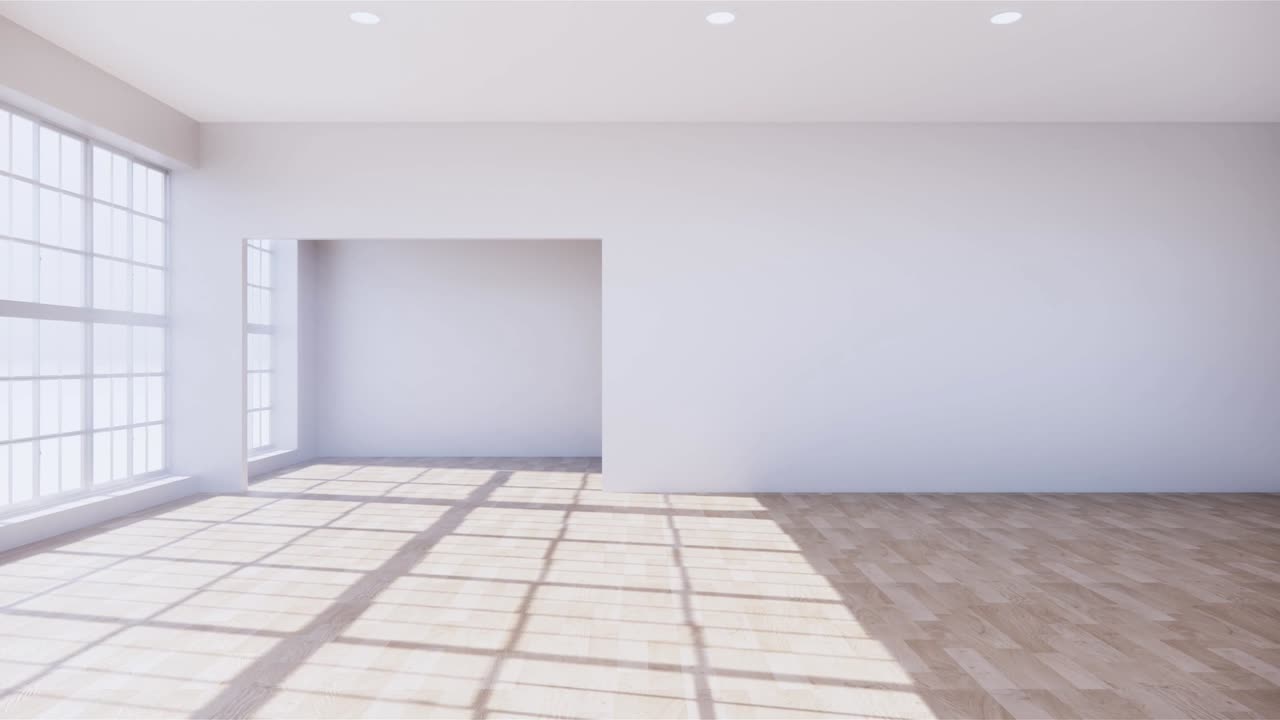 큰 방, 넓게 열려있는 깨한 색 벽과 나무 곡물 바닥, 빛이 방에 들어오는 3d 렌더링