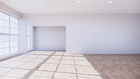habitación grande, abierta, pared blanca limpia y suelo de grano de madera con luz solar en la habitación.