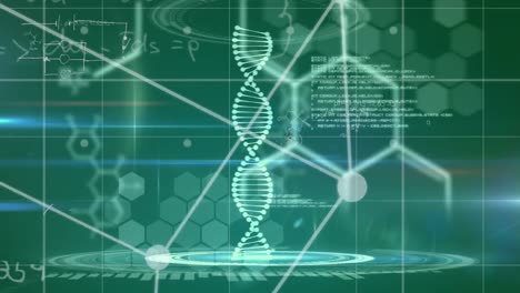 Animation-of-dna-strand,-medical-data-processing-and-chemical-compound-structures-on-green-backgroun