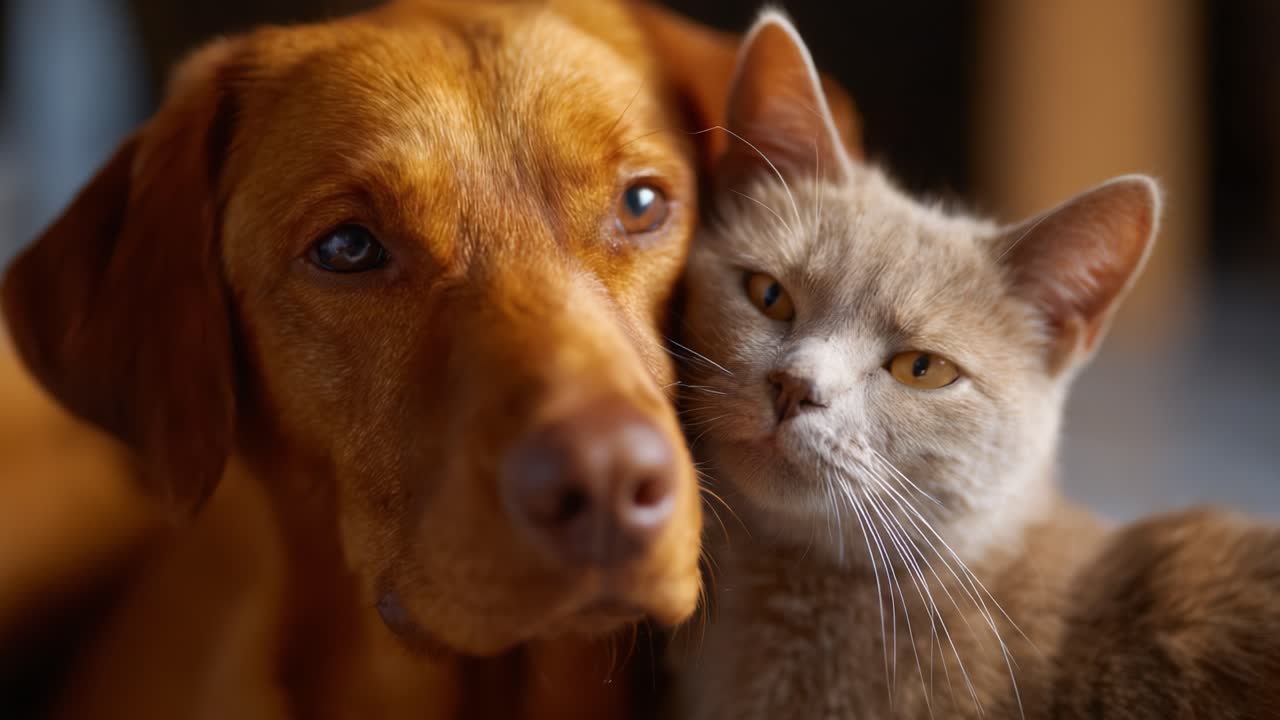 Ein herzerwärmender Moment der Freundschaft: Ein goldener Hund und eine graue Katze ruhen zusammen und demonstrieren die einzigartige Bindung zwischen Haustieren in einer weichen, gemütlichen Umgebung