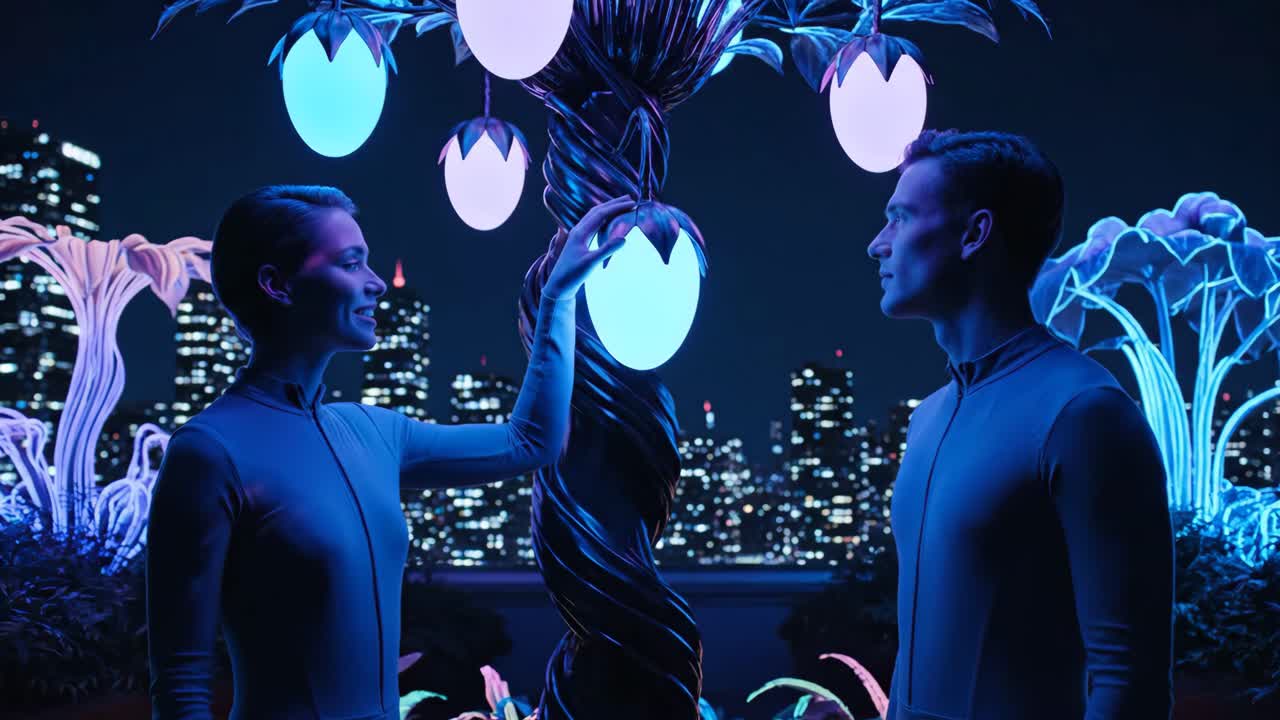 Futuristic Couple in a Glowing Cityscape