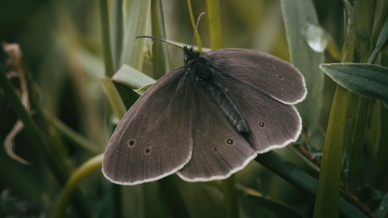 Ringlet butterfly resting in meadow, flies away. Insect macro; Aphantopus hyperantus; summer; wildlife; nature