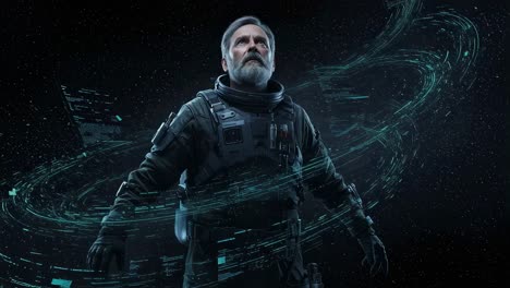 seasoned astronaut floating weightlessly amid holographic rings, surrounded by starry cosmic expanse, wearing advanced spacesuit revealing technological exploration of deep space
