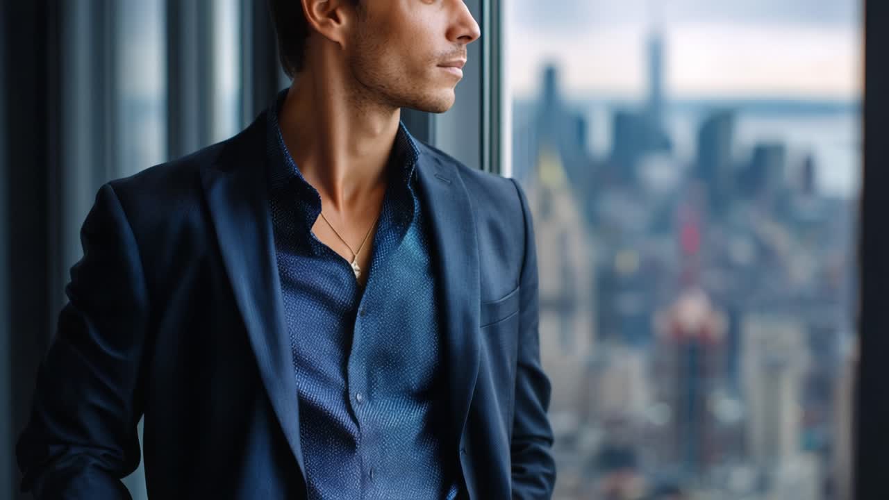 En stilig mann kontemplerer livet og ambisjoner mens han skuer ut over et dynamisk bylandskap fra et moderne høyhusvindu i sin elegante dress.