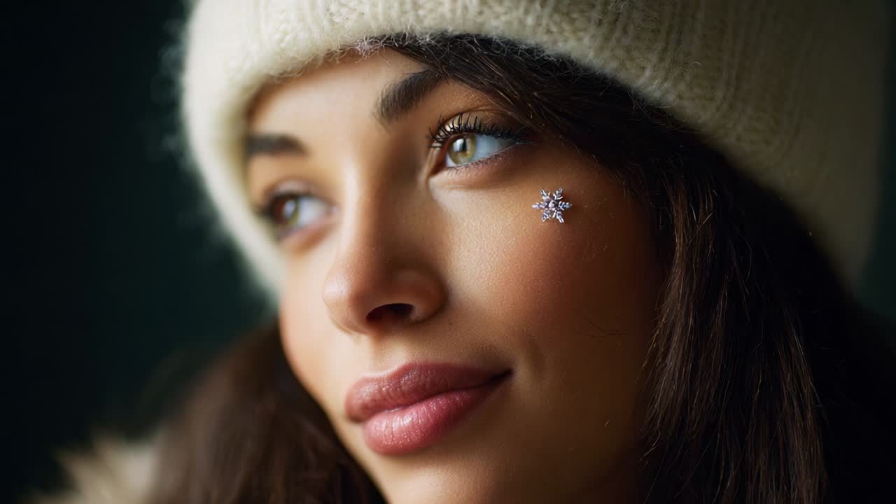 Capturing the Essence of Winter: A Portrait of a Young Woman with a Snowflake Decoration on Her Cheek, Wearing a Warm Hat, Showcasing Her Natural Beauty Against a Softly Blurred Background
