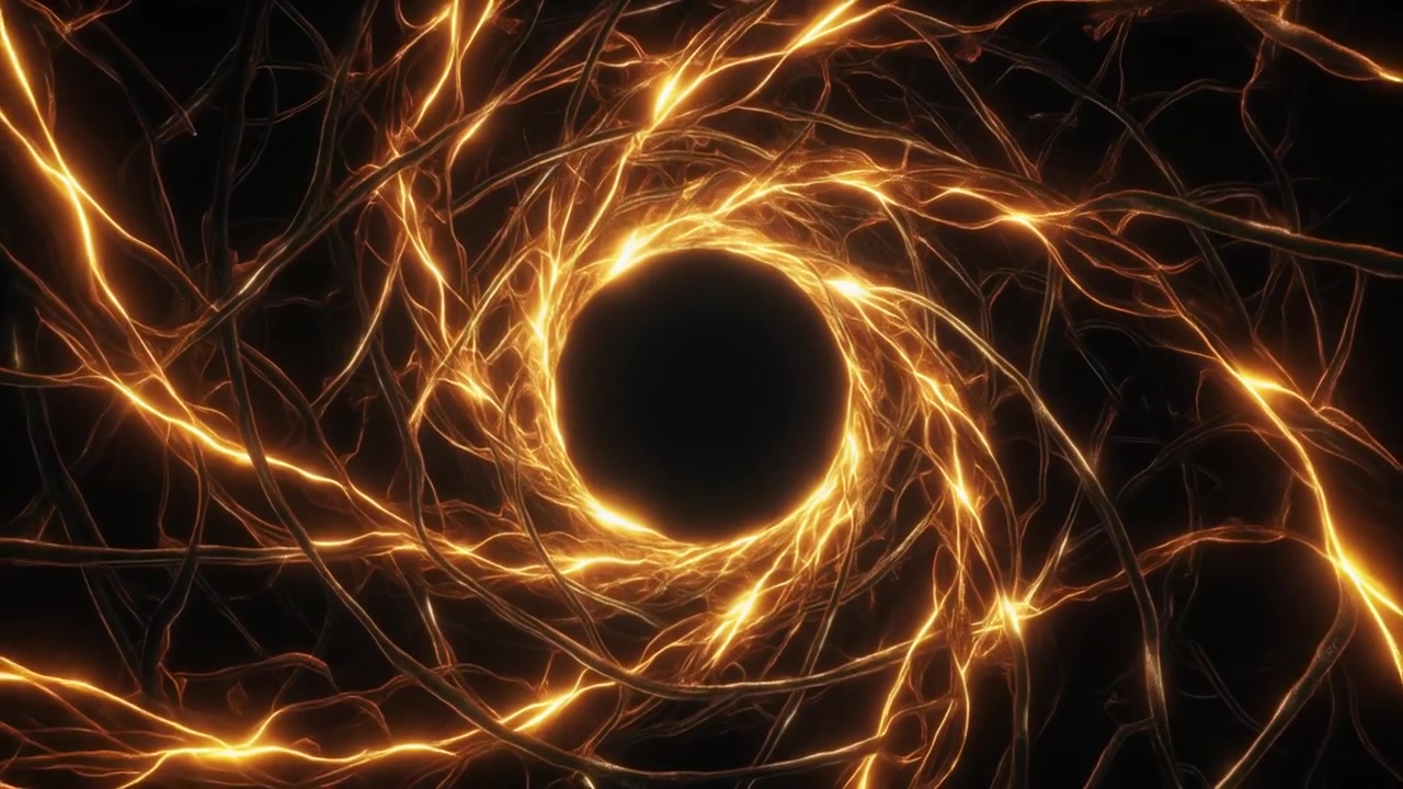 Vortice di energia dorata astratto che ruota nello spazio oscuro