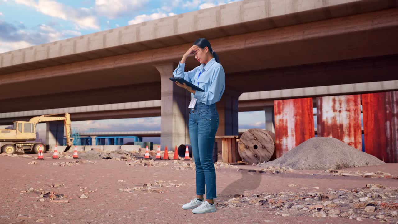 Vista lateral de corpo inteiro de uma mulher asiática com seu tablet no local de construção de uma rodovia. Ela está balançando a cabeça em sinal de decepção.