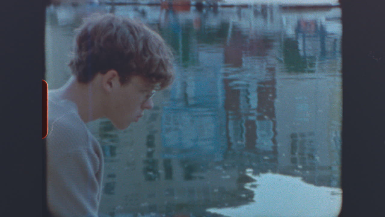 Young Person Gazing at Water Reflection in Vintage Style