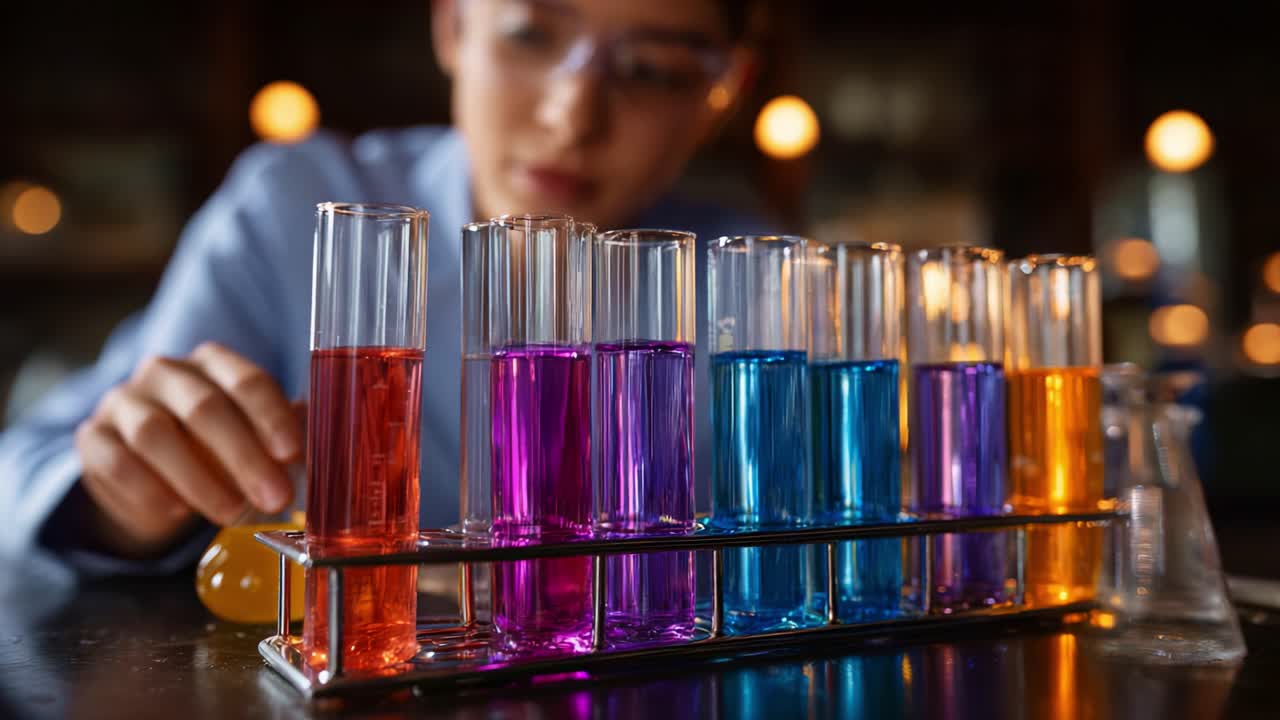 Young Scientist Conducting Colorful Chemistry Experiment with Test Tubes in a Laboratory, Exploring Reactions and Observing Vibrant Liquid Changes for Educational Purposes