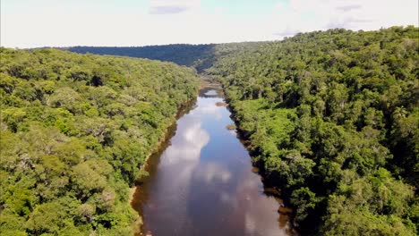 Eine-Drohnenaufnahme-Eines-Flusses-Und-Eines-Dschungels-Aus-Der-Luft,-Wobei-Sich-Der-Himmel-In-Der-Flussoberfläche-Spiegelt-Und-So-Eine-Atemberaubende-Und-Reflektierende-Naturlandschaft-Entsteht