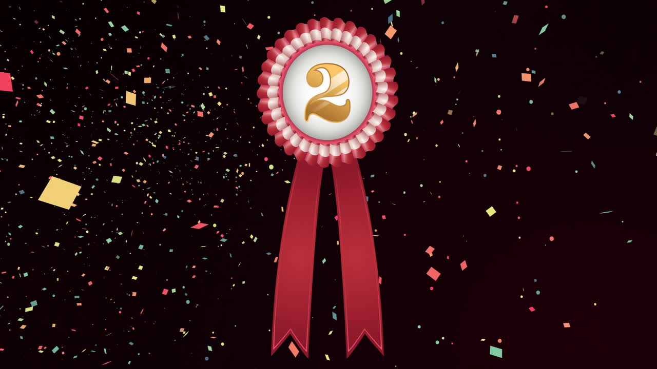 animación de la medalla con número de oro dos y cinta roja y confeti flotando sobre fondo negro