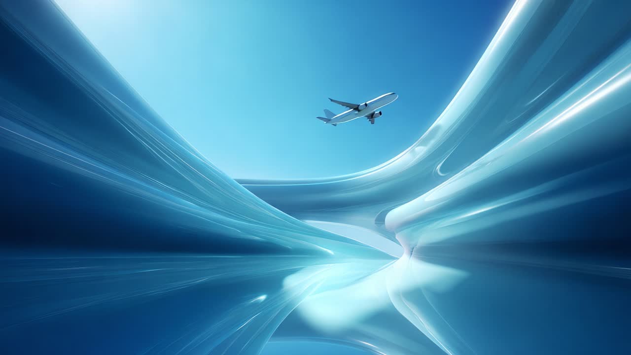 Aerial Journey Through Abstract Waves: An Airplane Ascends Above Fluid Forms and Tranquil Skies, Showcasing the Elegance of Aviation and Modern Design Amidst Serene Blue Tones
