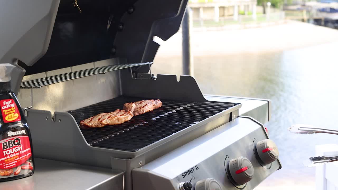 Beef steak grilling on a barbecue near water, with bright daylight and a relaxed outdoor setting
