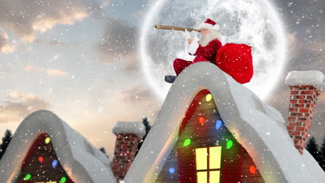 santa clause on rooftop of a decorated house combined with falling snow