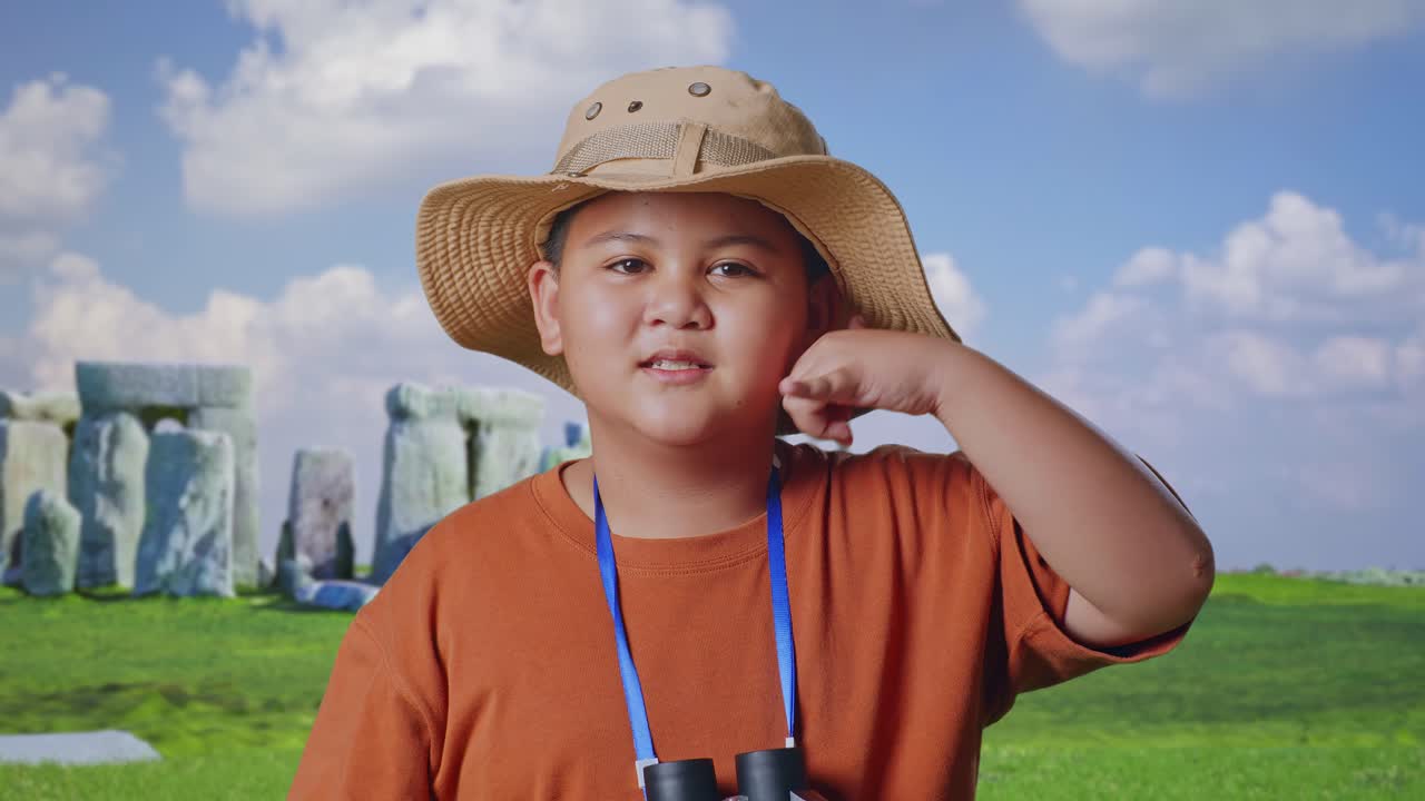 Asian Boy With A Hat And Binoculars Using The Magnifying Glass Then Making Call Me Gesture While Traveling In Stonehenge. Boy Researcher Examines Something, Travel Adventure, Close Up