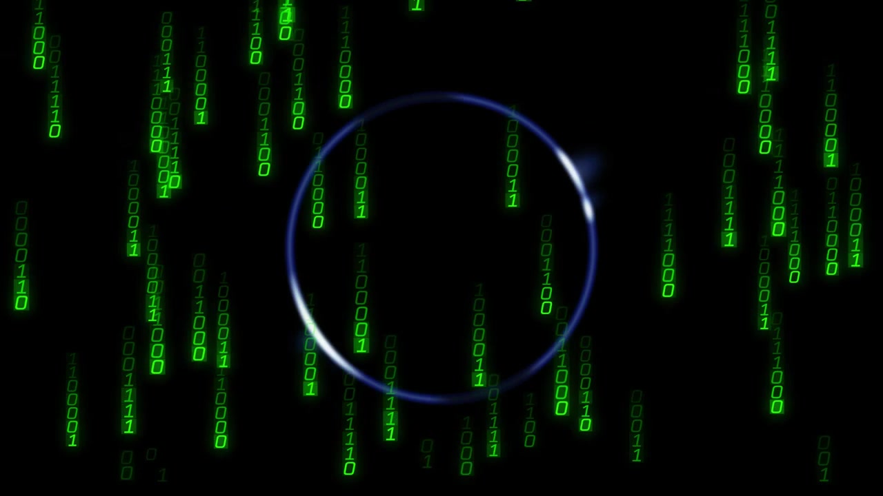 Glowing blue ring showing tech data binary rain starting digits overlapping while flares shifting